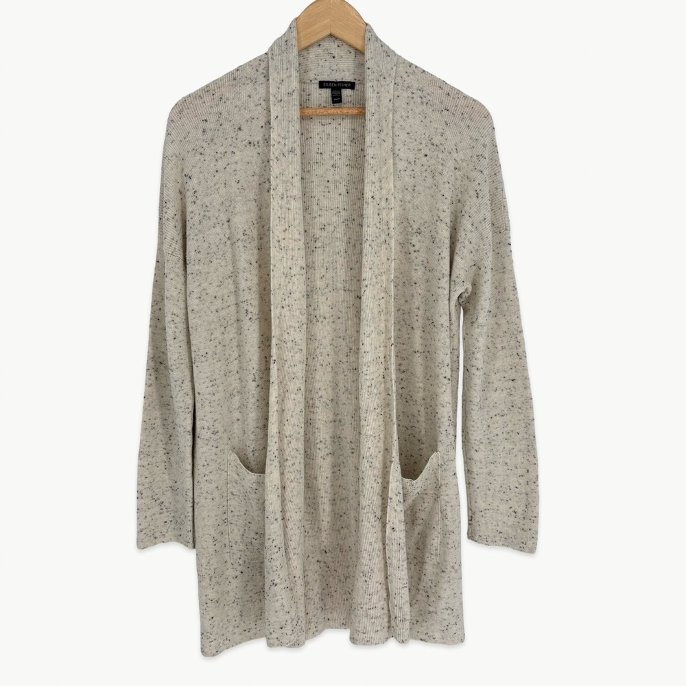 Eileen Fisher Organic Cotton Speckled High Collar Cardigan Sz XS Neutral Minimal